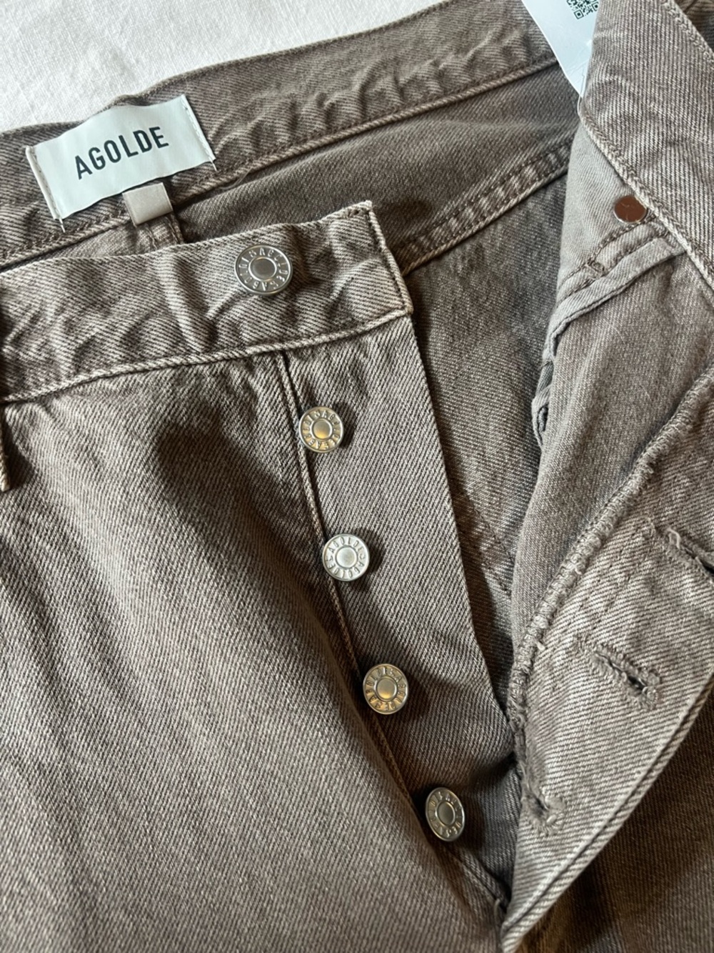 Agolde High-Rise Jeans in Warm Taupe button fly, 5 pocket, wide leg 100% cotton